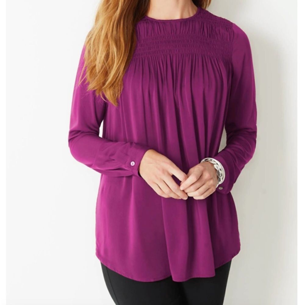 J.Jill Satin Smocked A Line Top Pink Saphire M Tall NWT in packaging‎